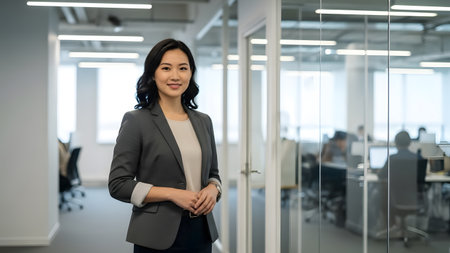 A confident woman stands in a modern office, radiating professionalism and success. The contemporary workplace setting enhances the corporate atmosphere, ideal for various business-related themes.の素材