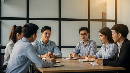 A diverse team engages in a productive business meeting, collaborating on strategies and discussing innovative ideas in a modern office setting.の素材