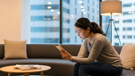 A young woman sits comfortably in a modern living space, focused on her tablet. The urban background and cozy furniture create a relaxed atmosphere ideal for leisure and productivity.の素材