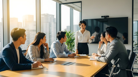 A diverse business team engages in a lively meeting, exchanging ideas and strategies in a modern office setting with a professional presentation setup.の素材