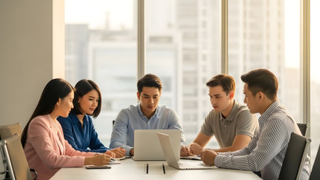 A group of professionals engaged in a team meeting focused on business strategy in a modern office environment, showcasing collaboration and communication.の素材