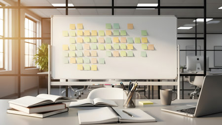 A modern office environment featuring a whiteboard filled with colorful sticky notes, emphasizing organization and creativity in planning and teamwork.の素材