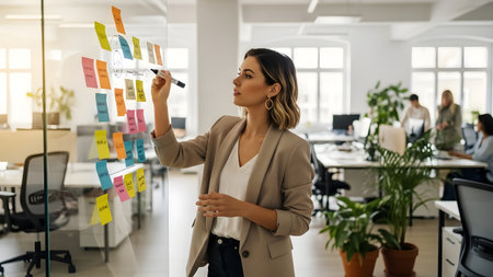 A professional woman engages in a brainstorming session, writing on colorful sticky notes in a modern office environment that promotes creativity and collaboration.の素材