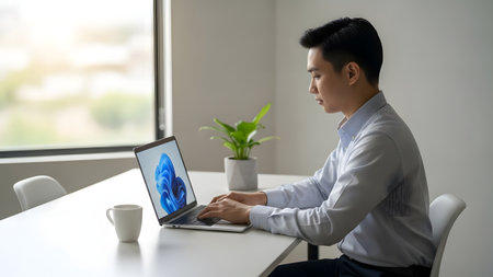 A young professional is focused on his work at a modern office desk with a laptop and a plant, capturing a moment of productivity and concentration in a contemporary workspace.の素材