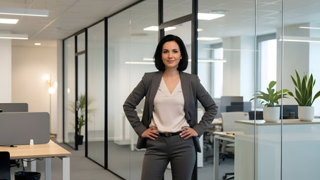 A confident businesswoman stands in a modern office, radiating professionalism and determination. The bright environment enhances the atmosphere of success and ambition.の素材