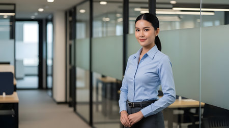 A poised and confident businesswoman stands in a modern office, showcasing professionalism and elegance in a sleek environment, perfect for corporate imagery.の素材