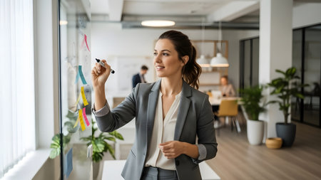 A professional woman actively participates in team collaboration, writing on a glass board in a modern office space. She embodies innovation and leadership while fostering creativity.の素材