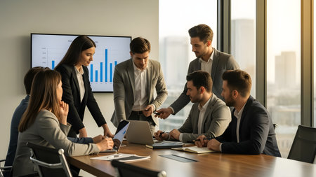 A group of professionals collaborates in a modern office setting, discussing data insights and strategies while using laptops and technology for effective decision-making.の素材