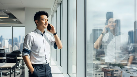 A professional man stands by a large window in an office, engaged in a phone call. His confident demeanor reflects success and modern business communication in a vibrant urban setting.の素材