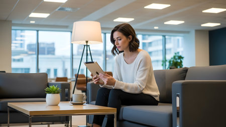 A woman sits comfortably in a modern office, engrossed in reading on a tablet. She enjoys a cup of coffee, creating a serene and stylish workspace atmosphere.の素材