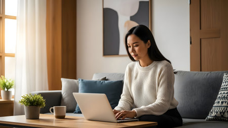 A young woman works on her laptop in a cozy living room, reflecting a modern lifestyle. The warm atmosphere features comfortable furniture, plants, and soft lighting.の素材
