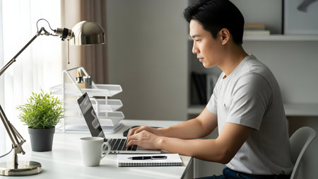 A young man focused on his laptop in a bright, modern workspace. The scene is calm and organized, featuring a desk, coffee cup, and plant, reflecting a productive environment.の素材
