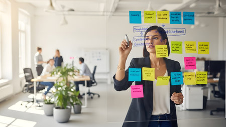 A focused businesswoman writes ideas on colorful sticky notes in a modern office. The scene captures creative brainstorming among professionals in a collaborative environment.の素材