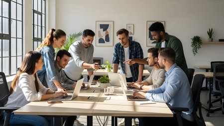 A dynamic team collaborates in a modern office. Professionals engage around laptops, sharing ideas and discussing strategies in a bright, inviting workspace.の素材