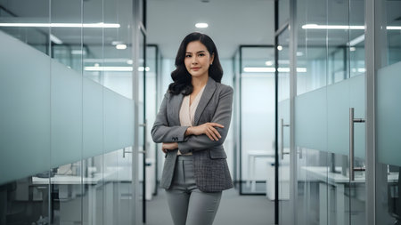 A confident businesswoman stands poised in a modern office setting. She wears professional attire, showcasing leadership and determination in a sleek corporate space.の素材