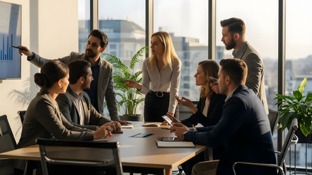 A diverse team engages in a strategic business meeting in a modern office setting, showcasing collaboration, discussion, and professional attire with a focus on growth and success.の素材
