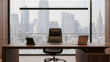 This image showcases a modern office workspace featuring a sleek desk and ergonomic chair, with a stunning city skyline visible through large windows.の素材
