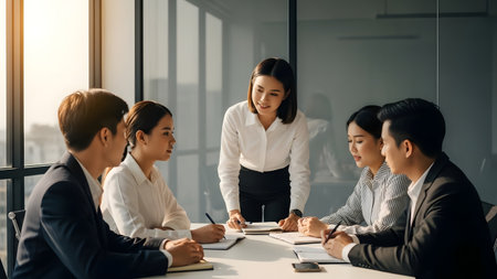 A dynamic business meeting showcases professionals collaborating effectively. Team members engage in discussion, sharing ideas and strategies in a modern office setting.の素材