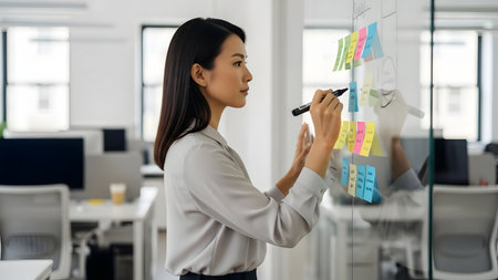 A focused businesswoman engages in brainstorming at an office, writing ideas on a glass board filled with colorful sticky notes, illustrating creativity and collaboration.の素材