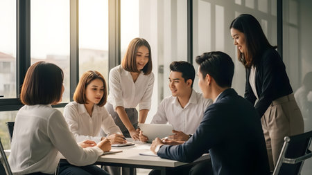 A diverse group of professionals engages in a productive meeting in a bright office. The team collaborates, sharing ideas and strategies while utilizing technology.の素材