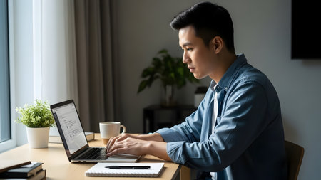 A focused young man works on a laptop in a cozy home office. With natural light, a coffee cup, and a plant, the space fosters creativity and productivity.の素材