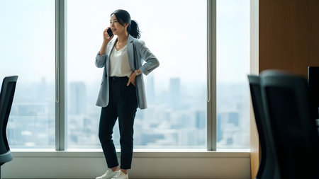 A focused businesswoman stands near a window in a modern office, engaged in a phone conversation against a stunning cityscape backdrop, showcasing professionalism and commitment.の素材