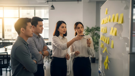 A diverse team engages in a productive brainstorming session in a modern office setting, utilizing sticky notes to visualize their ideas and strategies.の素材