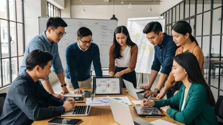 A diverse group of professionals collaborates in a modern office setting during a strategy meeting, using digital devices and engaging in discussions.の素材