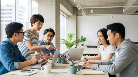 A diverse group of young professionals collaborates in a modern office setting, using technology and discussing innovative ideas during a meeting.の素材
