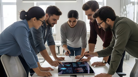 A diverse group of young professionals engages in a dynamic discussion around a digital tablet displaying various graphs and charts in a modern office environment.の素材
