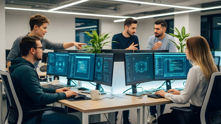 A dynamic team collaborates in a modern office setup, utilizing multiple computer screens for programming and discussion. The environment encourages creativity and innovation.の素材