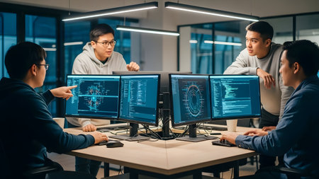 A diverse group of professionals collaborates in a modern office setup, surrounded by multiple computer screens displaying data and programming, focusing on problem-solving and innovation.の素材