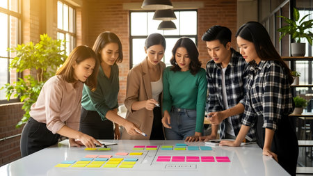 A diverse group of young professionals collaborates in a modern office, using colorful post-it notes for planning and brainstorming, showcasing teamwork and creativity.の素材