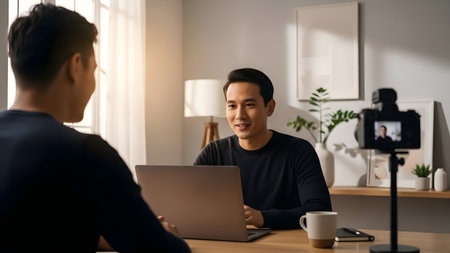 Two professionals connect over a video call in a cozy home office. The relaxed atmosphere fosters valuable discussion and collaboration, highlighting modern remote work dynamics.の素材