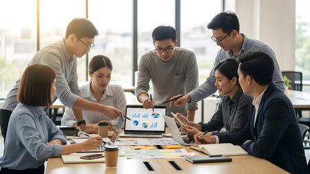 A diverse team collaborates in a modern office setting during a project presentation. They discuss insights from charts and graphs on a laptop screen.の素材