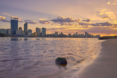Dramatic sunrise over Perth city, Australiaの写真素材