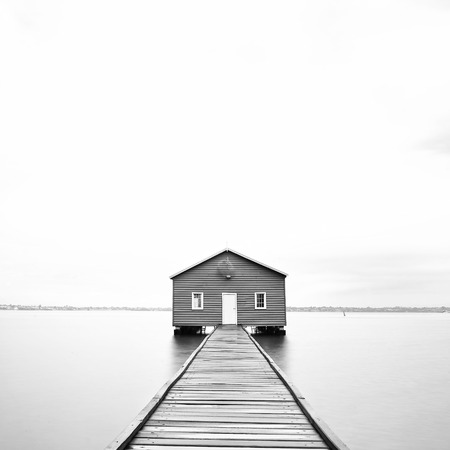 Blue Boathouse in black and whiteの写真素材