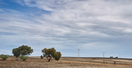 Wind turbines against a blue sky