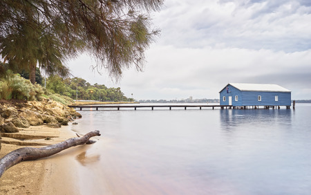 Blue boathouse in the Swan River Perth, Australiaの写真素材