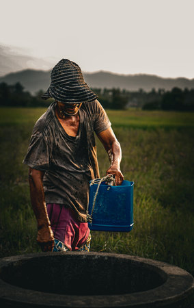 terengganu farmer with a bucket of water in the rice fieldの素材