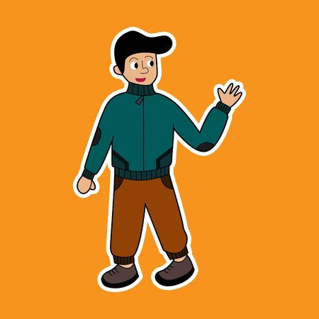 illustration vector graphic of man wearing jacket walking and smile looking at his left. good for children book illustration, stickers, mascots, picture books etc.のイラスト素材