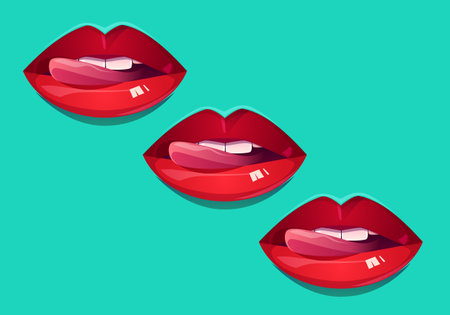 Lips with red lipstick on a turquoise background. Vector illustrationの写真素材
