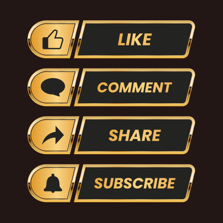 golden like comment share and subscribe icon button vector set