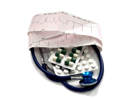 cardiogram and stethoscope against white backgroundの写真素材