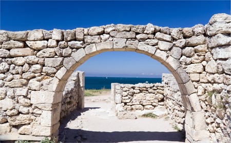 ruins of ancient city against seaの写真素材