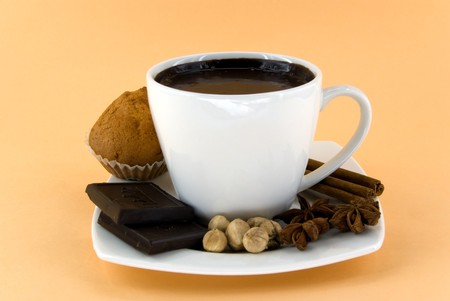 hot chocolate with spice and cakeの写真素材