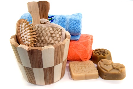 soap and bath accessories on white backgroundの写真素材