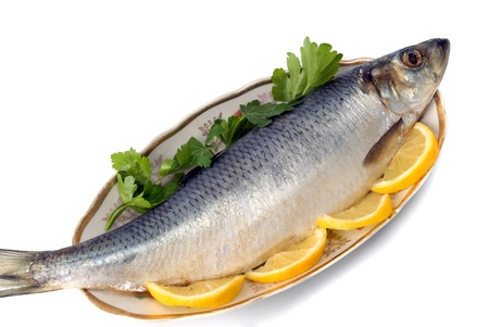 herring on plate with gerbs and lemonの写真素材