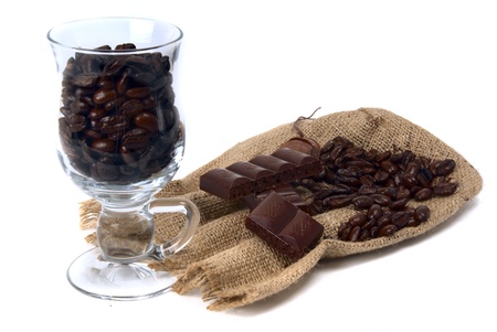 burlap bag tagged sealing wax with coffee beanの写真素材