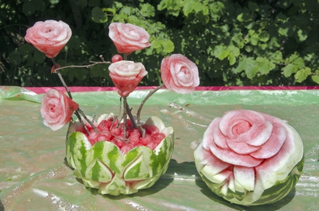 watermelon carving at the festivalの写真素材